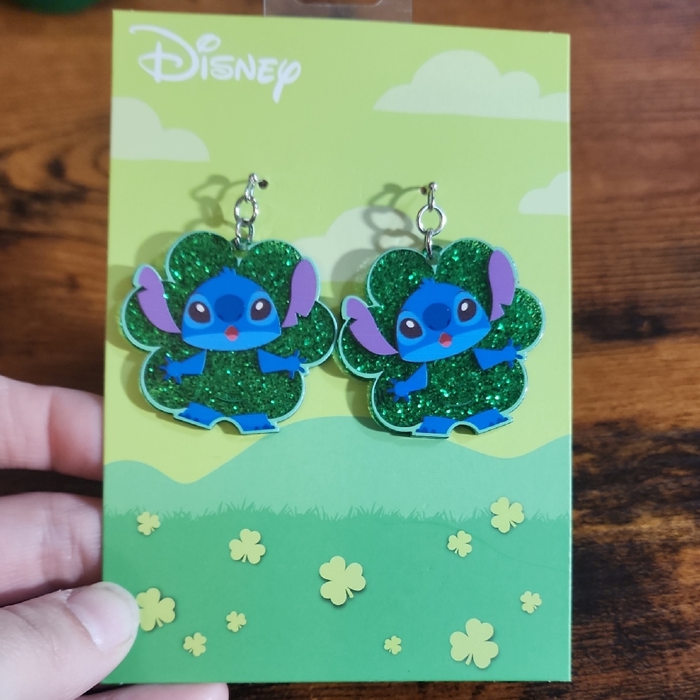 Disney Blue Stitch Glitter Green Clover Dangle Earrings